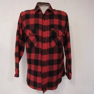 Vintage Pilgrim Shirt Mens M 100% Wool Red Buffalo Plaid Flannel Button Up 1950s